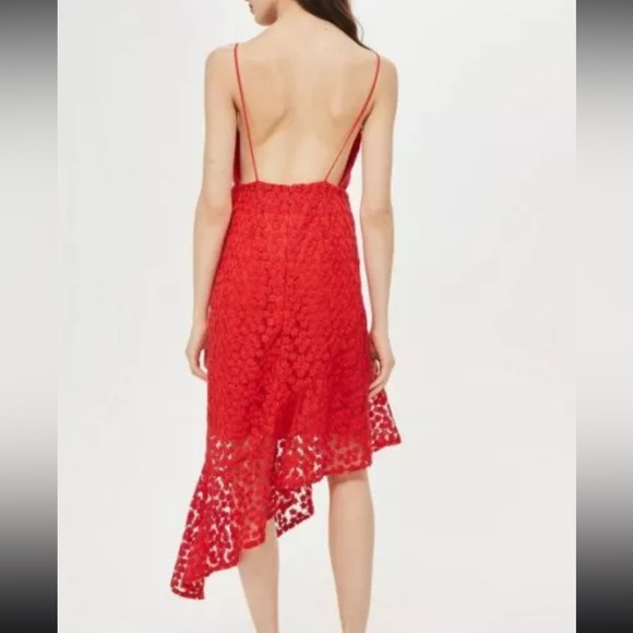 TOPSHOP Lace Plunge Asymmetrical Hem Midi Dress in Red Size US 10 - Picture 3 of 15